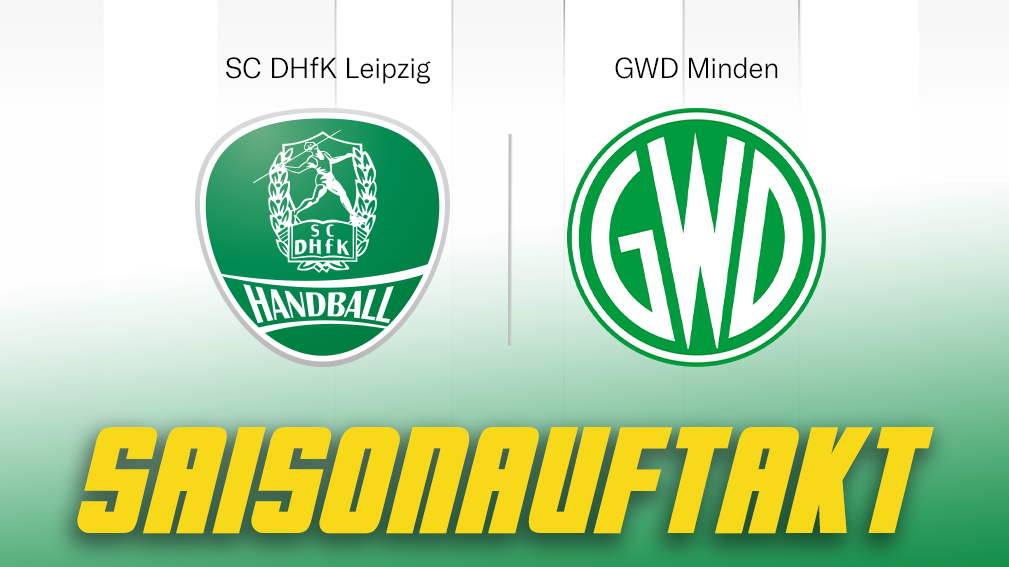 Grafik zum Handballspiel: SC DHfK Leipzig gegen GWD Minden. Überschrift: „Saisonauftakt“. Das Spiel findet am Montag, 31. August, um 19:30 Uhr in der QUARTERBACK Immobilien ARENA statt. Oben sind die Vereinslogos von SC DHfK Leipzig und GWD Minden abgebildet, getrennt durch einen vertikalen Strich. Der Hintergrund ist in Grün- und Weißtönen gestaltet, die Überschrift „Saisonauftakt“ ist groß und gelb hervorgehoben. Unten rechts befindet sich das Logo der 2. Handball-Bundesliga