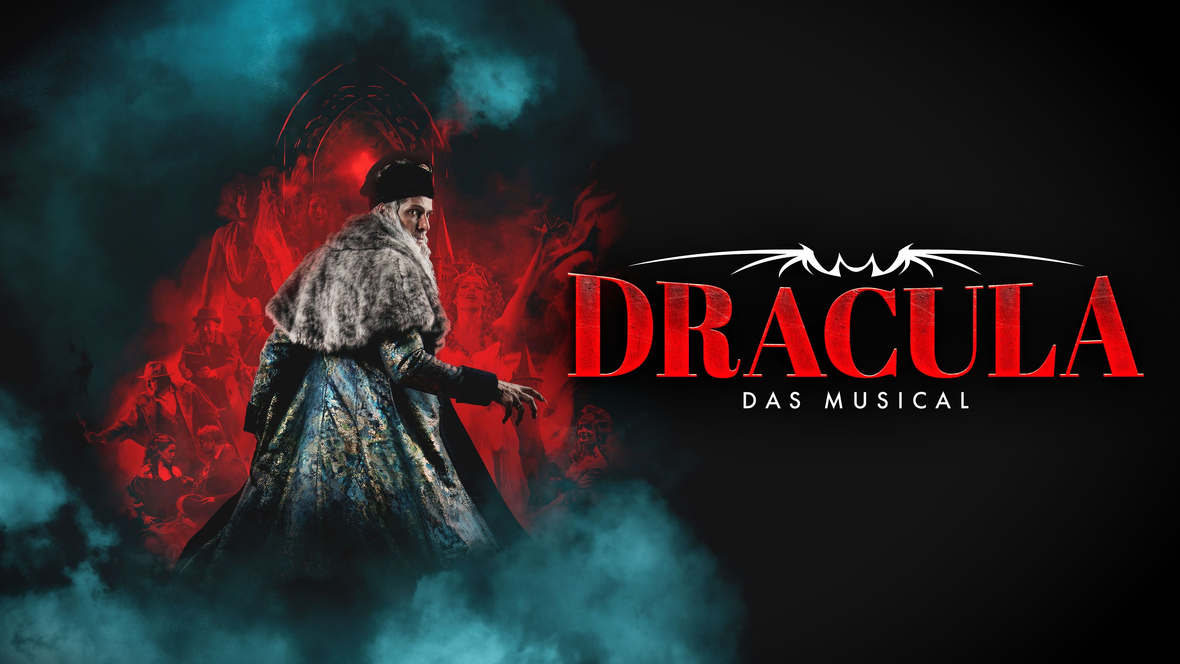 Werbegrafik für das Musical „Dracula“. Im Vordergrund steht Dracula in einem prunkvollen historischen Mantel mit Pelzkragen und dunkler Kopfbedeckung. Er blickt seitlich und streckt eine Hand bedrohlich nach vorne. Hinter ihm sind in rotem Licht und Nebel weitere Figuren aus dem Musical angedeutet. Der Hintergrund ist schwarz mit blauem und rotem Rauch. Rechts befindet sich der Schriftzug „DRACULA – Das Musical“ in großen roten Buchstaben. Die düstere Farbgestaltung vermittelt eine geheimnisvolle und unheimliche Atmosphäre.