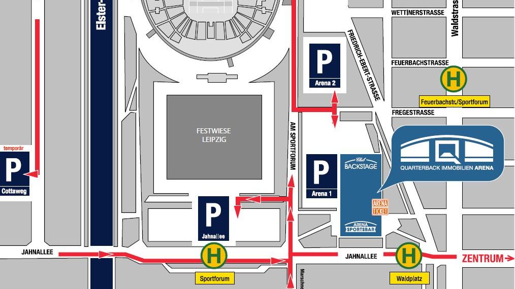 Kartenausschnitt für die Anfahrt zur QUARTERBACK Immobilien ARENA.