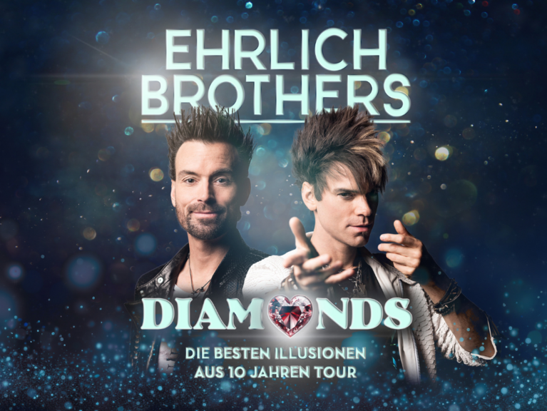 Die Tourgrafik zeigt die Ehrlich Brothers und kündigt deren Diamonds Tour mit den besten Illusionen der letzten 10 Jahre an.