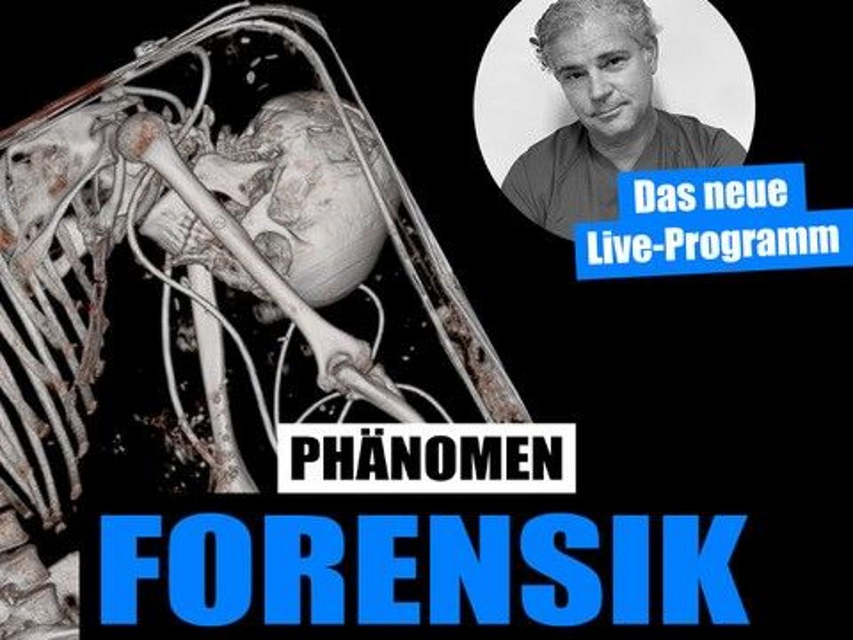 Ein Skelett ist links zu sehen, oben rechts ist ein schwarz-weißes Bild von Michael Tsokos.