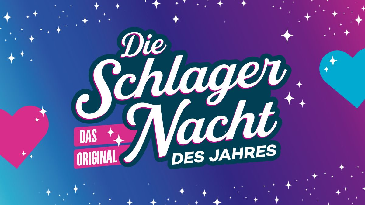Grafische Ankündigung für „Die Schlager Nacht – Das Original – des Jahres“. In der Mitte steht groß in weißer, geschwungener Schrift „Schlager Nacht“, darüber kleiner „Die“ und darunter „Das Original“ sowie „des Jahres“. Der Hintergrund zeigt einen Farbverlauf von Blau über Violett bis Pink und ist mit zahlreichen weißen Sternen verziert. Links und rechts sind große pinke beziehungsweise türkisblaue Herzen zu sehen.