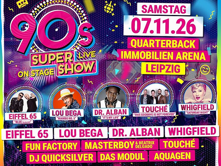 Eine bunte Grafik der Veranstaltung, hauptsächlich in den Farben pink, gelb und blau. Im Hintergrund sind begeisterte Menschen eines Konzertes zu sehen. Auf der Grafik stehen die Künstlerinnen und Künstler und das Datum der Veranstaltung am 07.11.2026
