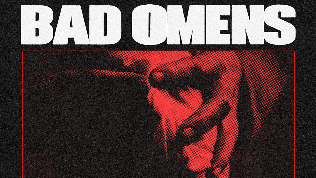Es ist eine schwarz-rot-weiße Grafik der Konzerte von Bad Omens mit dem Support Act Bilmuri in Düsseldorf und Leipzig am 08.06.. Auf einem Bild ist stilistisch in schwarz-rot zwei Hände zu sehen. 