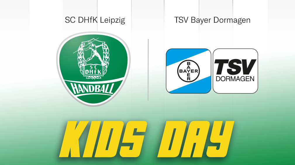 Grafik zum Handballspiel: SC DHfK Leipzig gegen TSV Bayer Dormagen. Überschrift: „Kids Day“. Das Spiel findet am Sonntag, 27. September, um 17:00 Uhr in der QUARTERBACK Immobilien ARENA statt. Oben sind die Vereinslogos von SC DHfK Leipzig und TSV Bayer Dormagen abgebildet, getrennt durch einen vertikalen Strich. Der Hintergrund ist in Grün- und Weißtönen gestaltet, die Überschrift „Kids Day“ ist groß und gelb hervorgehoben. Unten rechts befindet sich das Logo der 2. Handball-Bundesliga.
