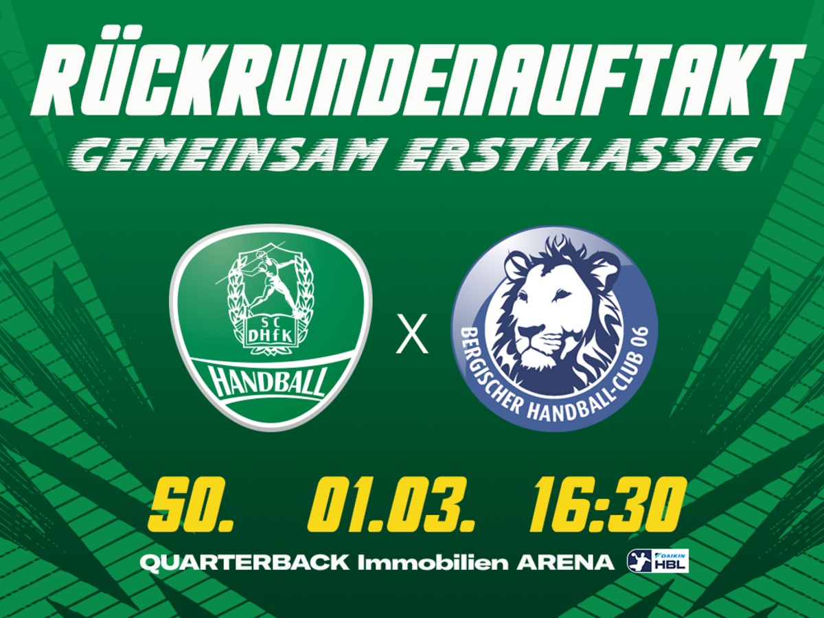 Eine in grün gehaltene Grafik für das Heimspiel des SC DHfK gegen Bergischer HC in der QUARTERBACK Immobilien ARENA. 