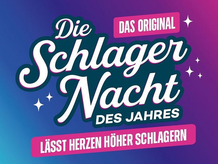 Eine Grafik der Veranstaltung in blau und pink gehalten. Als Text steht dort Die Schlagernacht des Jahres. Das Original. Lässt Herzen höher schlagen. 