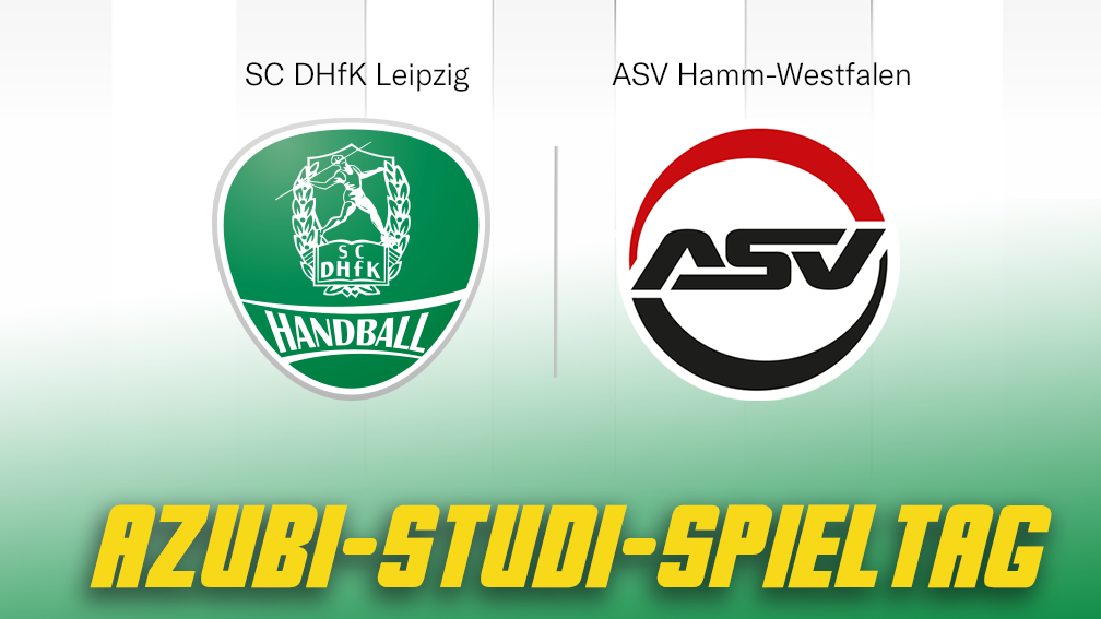 Grafik zum Handballspiel: SC DHfK Leipzig gegen ASV Hamm-Westfalen. Überschrift: „Azubi-Studi-Spieltag“. Das Spiel findet am Freitag, 16. Oktober, um 20:00 Uhr in der QUARTERBACK Immobilien ARENA statt. Oben sind die Vereinslogos von SC DHfK Leipzig und ASV Hamm-Westfalen abgebildet, getrennt durch einen vertikalen Strich. Der Hintergrund ist in Grün- und Weißtönen gestaltet, die Überschrift „Azubi-Studi-Spieltag“ ist groß und gelb hervorgehoben. Unten rechts befindet sich das Logo der 2. Handball-Bundesliga.