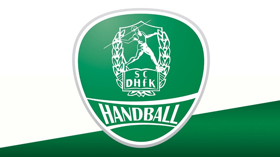 Das Logo des SC DHfK Handball ist zu sehen, dahinter ist eine grüne Schräge. 