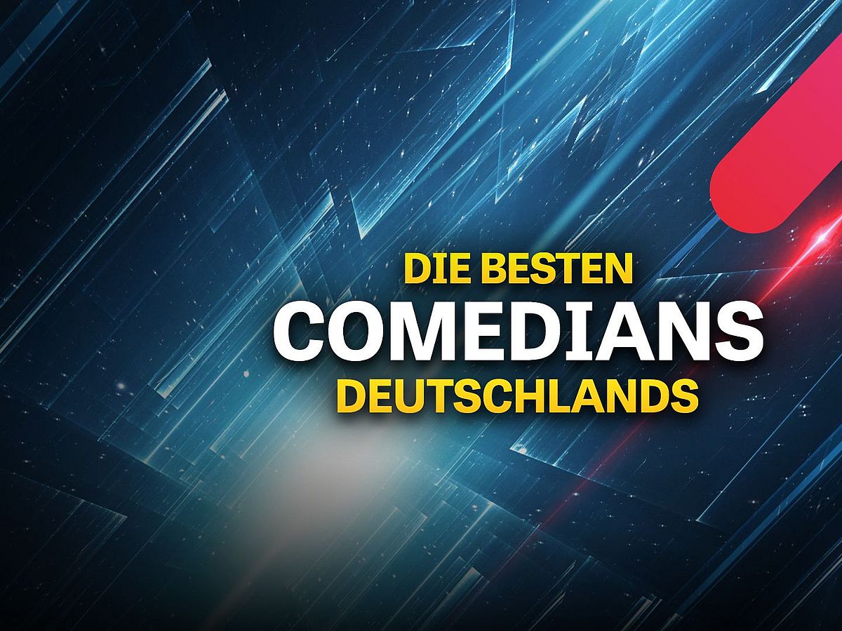 Dunkler, futuristisch wirkender Hintergrund in Blau und Schwarz mit leuchtenden diagonalen Lichtstreifen und abstrakten geometrischen Formen. Rechts mittig steht in großer, weißer und gelber Schrift: „DIE BESTEN COMEDIANS DEUTSCHLANDS“. Oben rechts und unten links befinden sich abgerundete rote Balken als grafische Elemente.