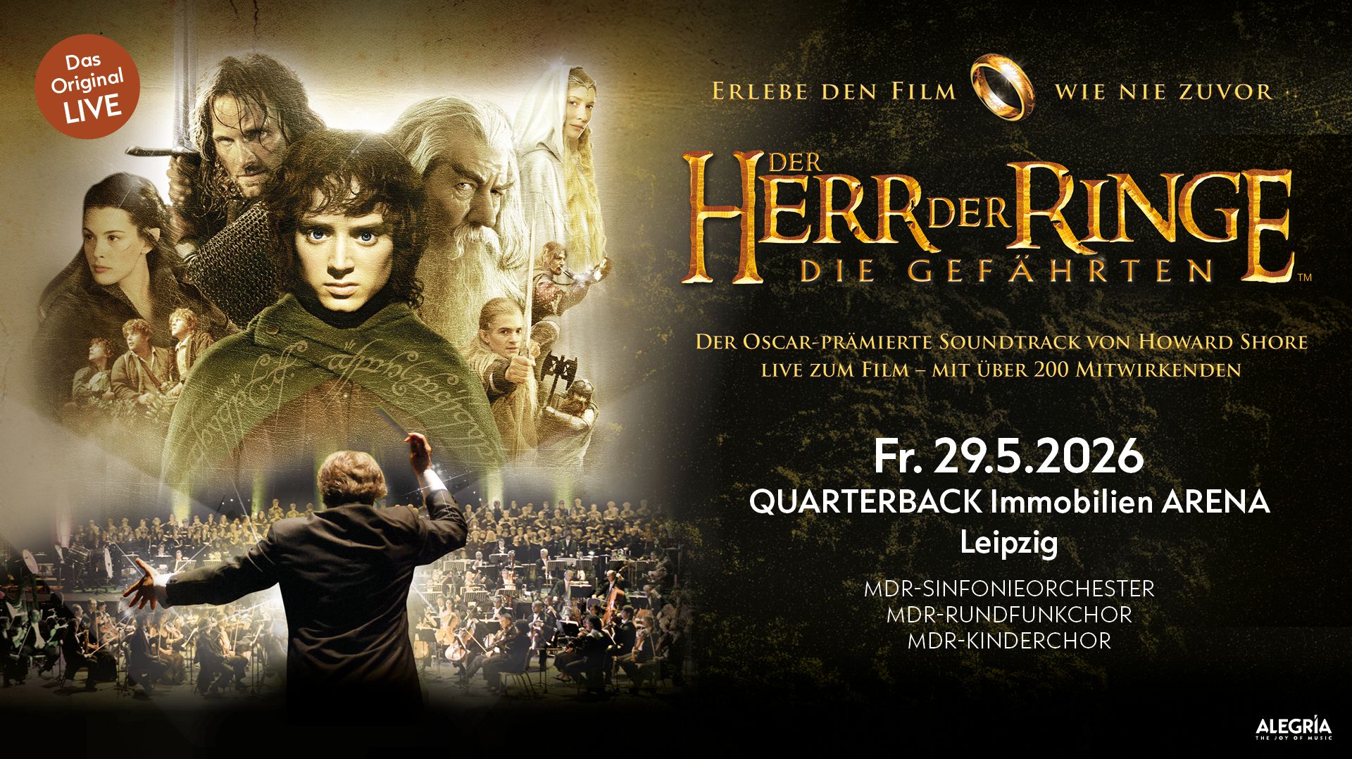 Veranstaltungsgrafik der Show. Im unteren Bereich ist ein Orchester und ein Chor auf einer Bühne zu sehen. Im oberen Bereich sind die Hauptdarsteller des Films Herr der Ringe - Die Gefährten zu sehen. 