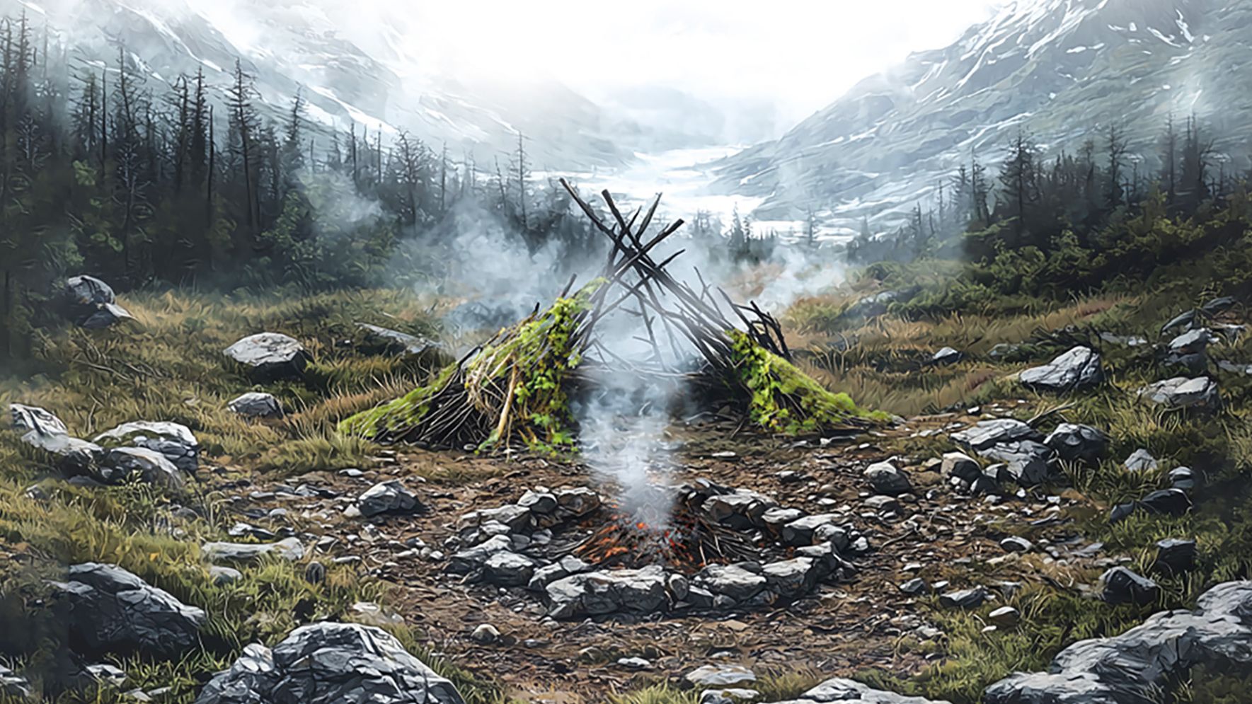 Im Vordergrund ist eine Feuerstelle mit einer selbstgebauten Holthütte zu sehen. Im Hintergrund sind Berge, die schneebedeckt sind. 