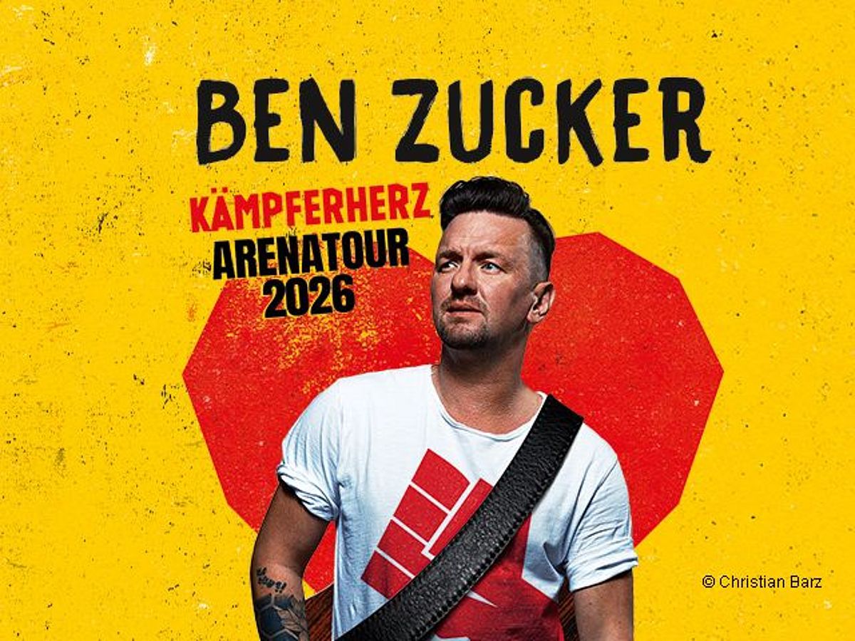 Grafik der Kämpferherz Tour von Ben Zucker. Der Hintergrund ist gelb, hinter Ben Zucker ist ein rotes Herz zu sehen. Er trägt ein weißes T-Shirt, seine Gitarre ist auf dem Rücken. 