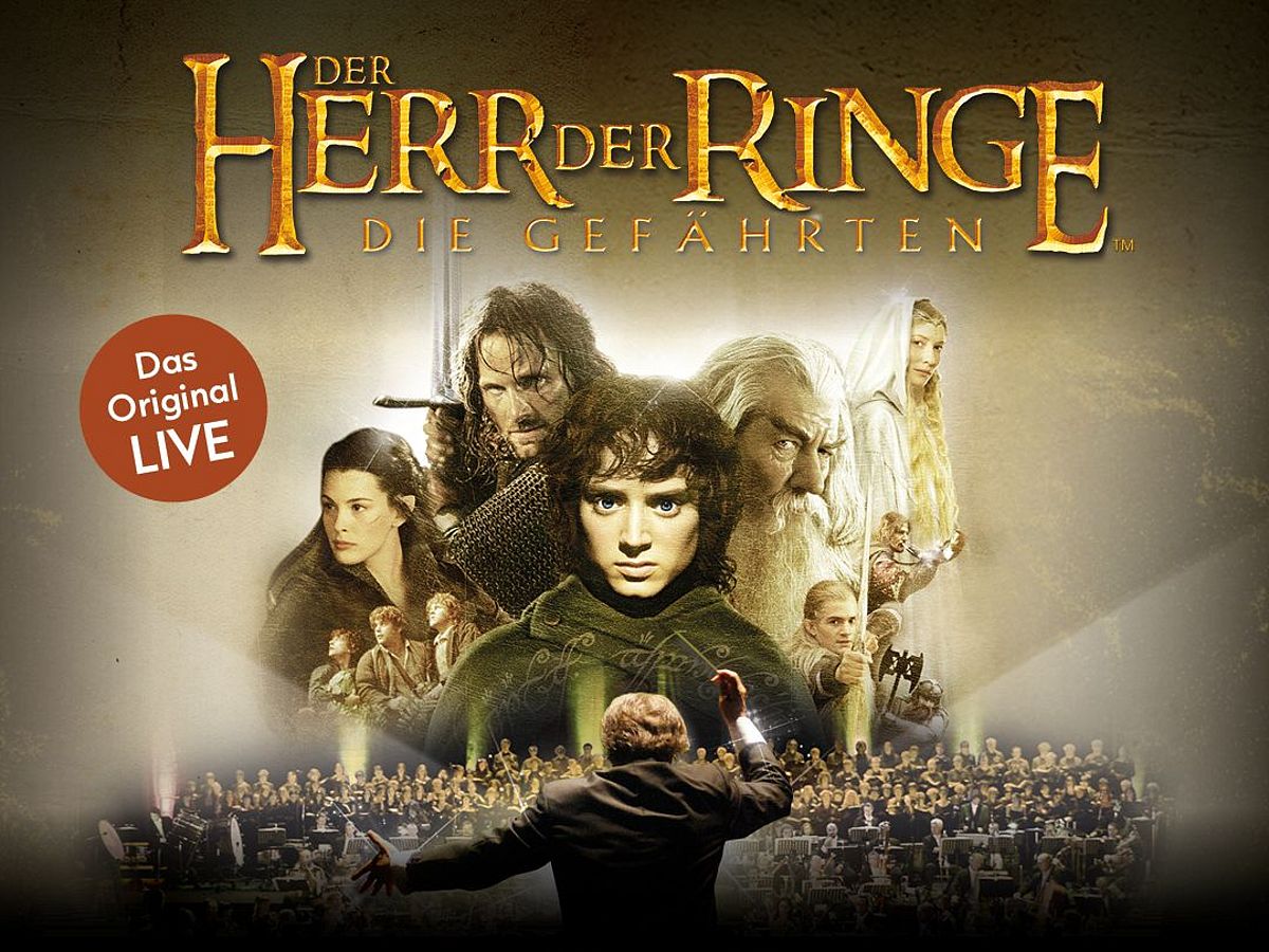 Veranstaltungsgrafik der Show. Im unteren Bereich ist ein Orchester und ein Chor auf einer Bühne zu sehen. Im oberen Bereich sind die Hauptdarsteller des Films Herr der Ringe - Die Gefährten zu sehen. 