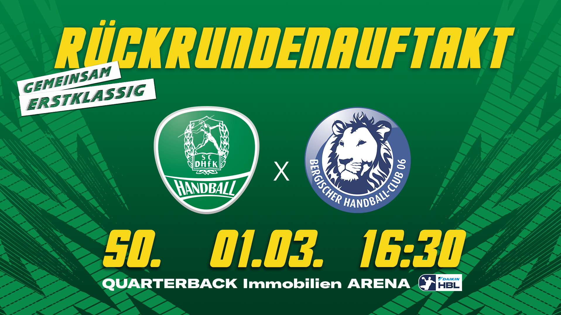 Eine in grün gehaltene Grafik für das Heimspiel des SC DHfK gegen Bergischer HC in der QUARTERBACK Immobilien ARENA. 