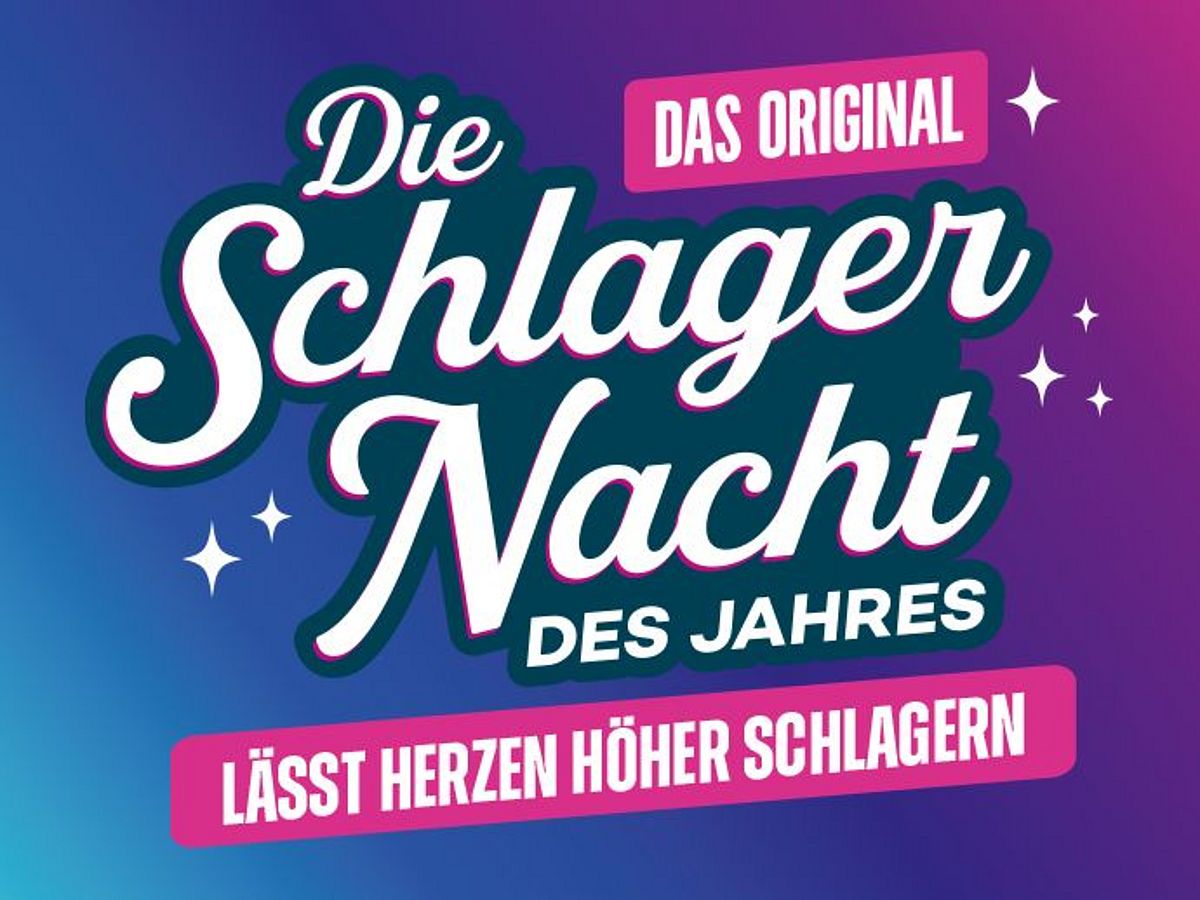 Eine Grafik zeigt den Schriftzug "Die Schlagernacht des Jahres - Lässt Herzen höher schlagen" auf einem lila-blauen Hintergrund.
