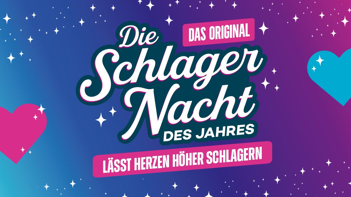 Eine Grafik der Veranstaltung in blau und pink gehalten mit einem pinken und blauen Herz. Als Text steht dort Die Schlagernacht des Jahres. Das Original. Lässt Herzen höher schlagen. 