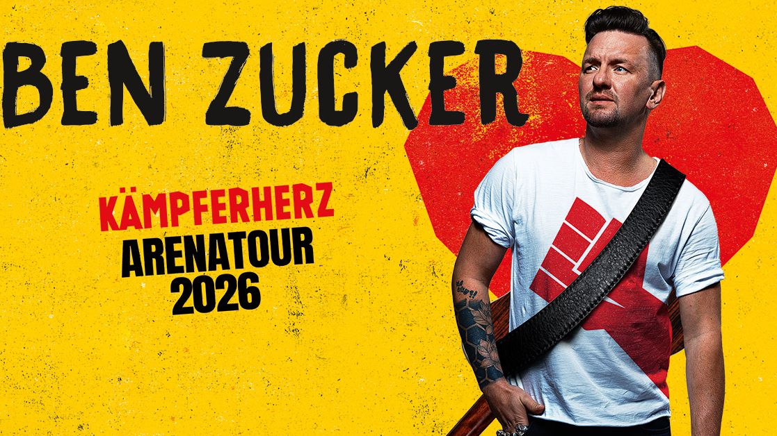 Grafik der Kämpferherz Tour von Ben Zucker. Der Hintergrund ist gelb, hinter Ben Zucker ist ein rotes Herz zu sehen. Er trägt ein weißes T-Shirt, seine Gitarre ist auf dem Rücken. 