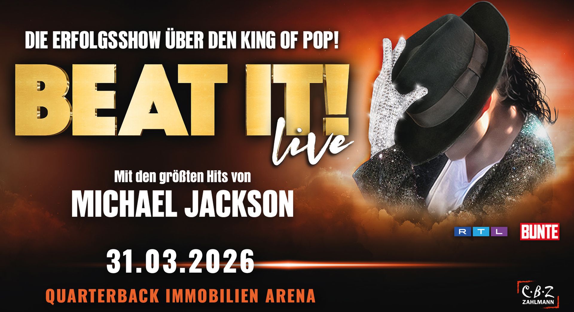 Grafik der Show Beat it am 31.03.2026 in der QUARTERBACK Immobilien ARENA. Rechts ist ein Michael Jackson Darsteller mit Hut zu sehen. 