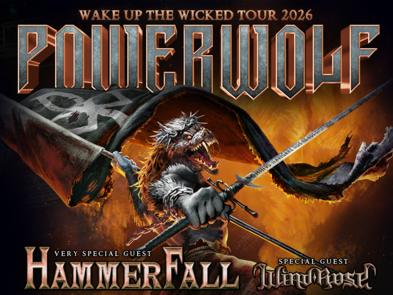 Grafik der Tour von Powerwolf mit einem Mischwesen von Mensch und Monster in der Mitte, das Waffen und eine Fahne in der Hand hält. 