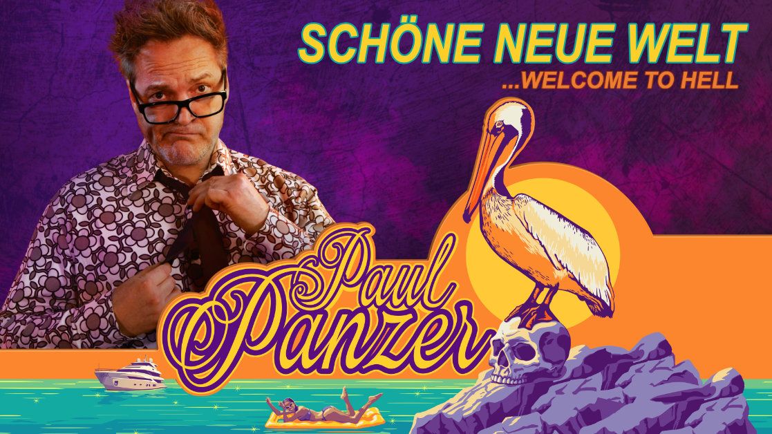 Eine Grafik der Veranstaltung mit Paul Panzer im Hintergrund. Im Vordergund ist eine Meerlandschaft mit Boot, einer Badenden und einem Felsen mit einem Totenkopf, auf dem ein Pelikan steht, zu sehen.