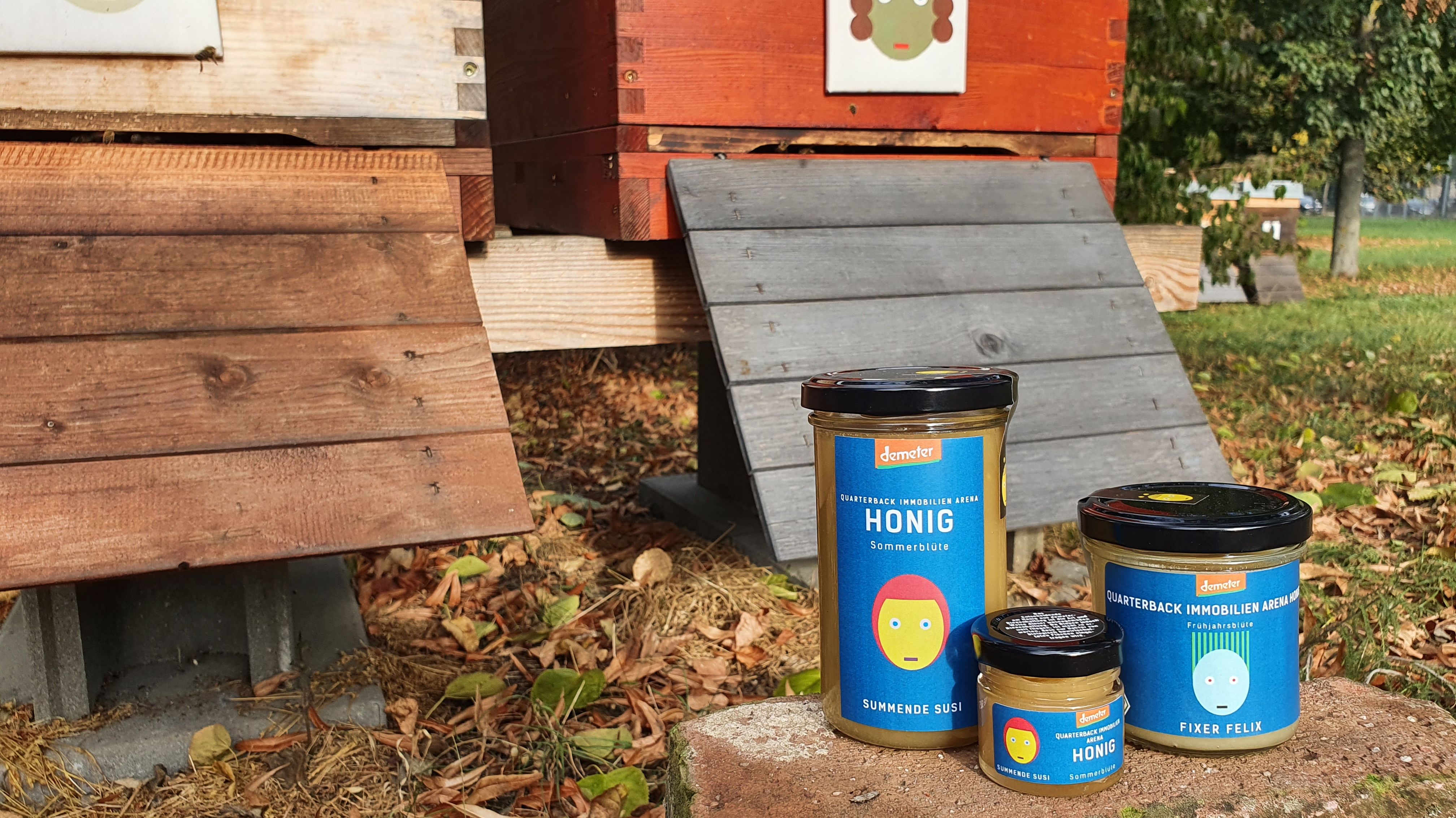 Drei Honiggläser stehen vor zwei Bienenkästen.