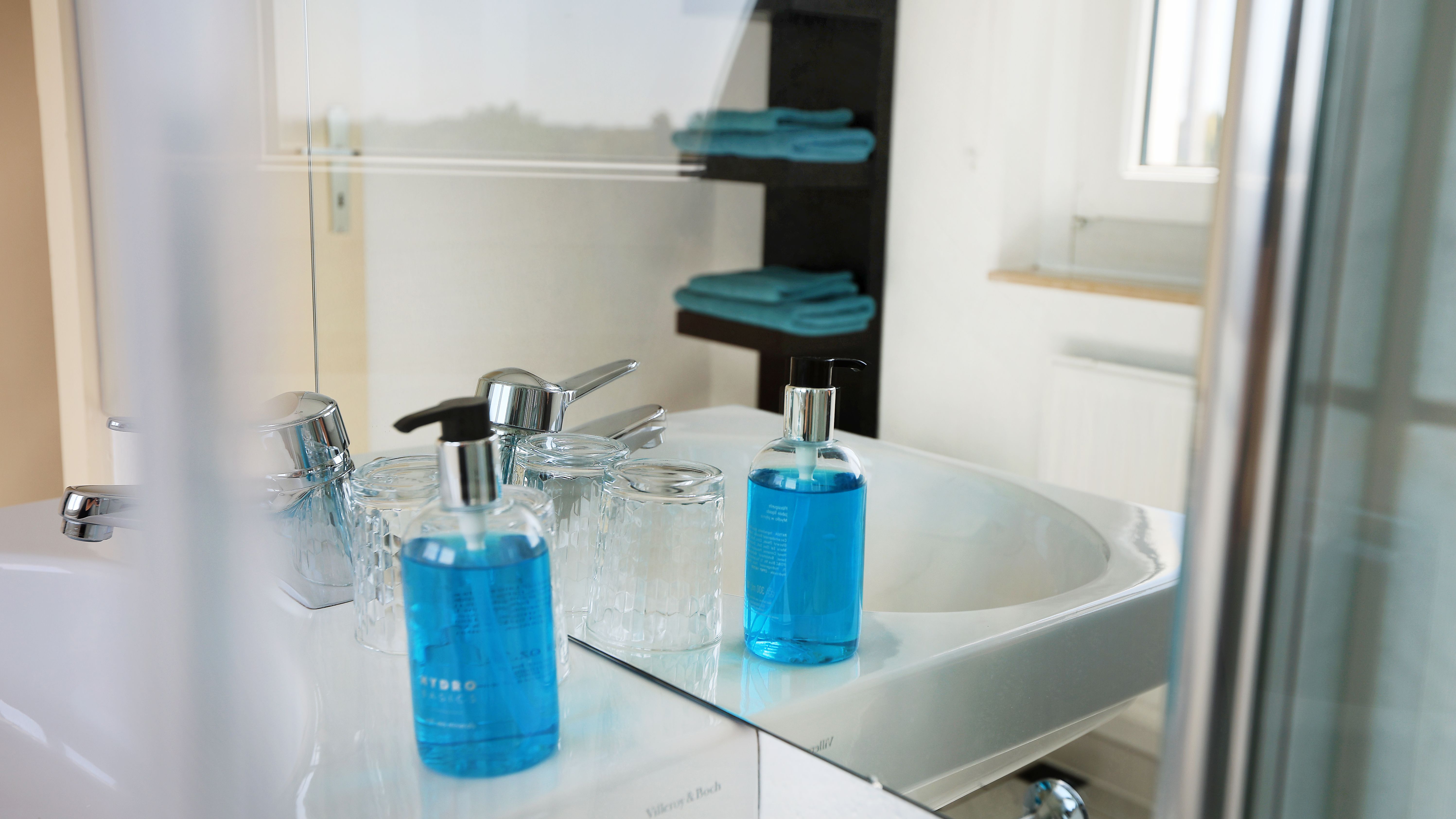 Ein Nahaufnahme eines Waschbeckens mit Seifenbehälter. 