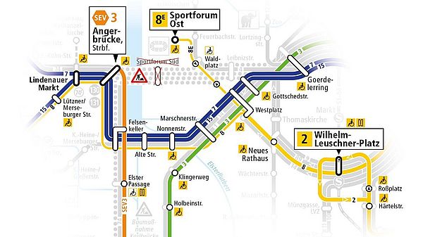 Straßenbahnlinien-Netz der LVB mit Baustellenhinweis