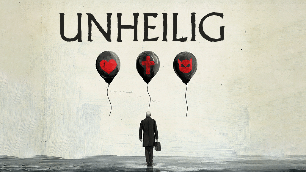 Eine grafische Darstellung der Tour von Unheilig. Man sieht einen Mann mit einer Aktentasche in der Hand vom hinten. Über ihm sind drei schwarz gemalte Luftballons, entweder mit einem gemalten roten Herz, Kreuz oder Teufel. Unten stehen alle Tourdaten. 