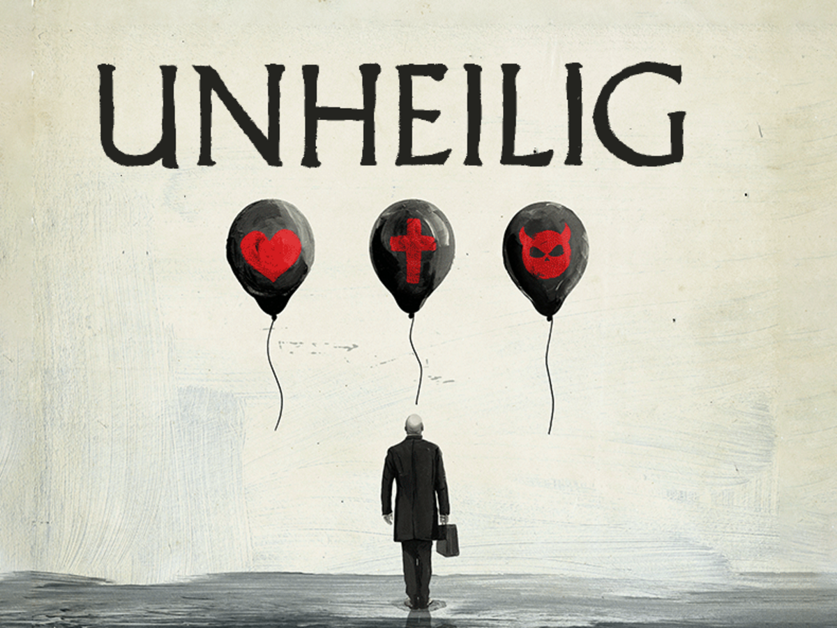Eine grafische Darstellung der Tour von Unheilig. Man sieht einen Mann mit einer Aktentasche in der Hand vom hinten. Über ihm sind drei schwarz gemalte Luftballons, entweder mit einem gemalten roten Herz, Kreuz oder Teufel. Unten stehen alle Tourdaten. 
