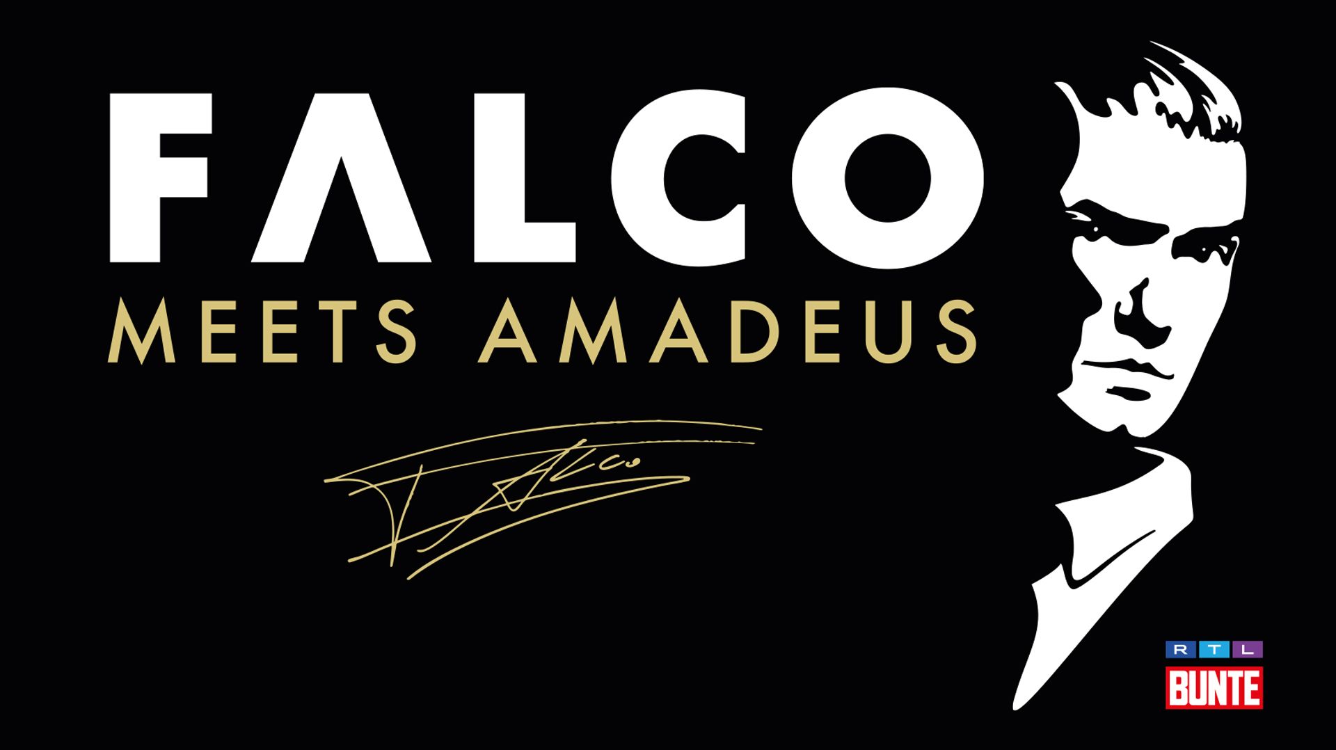 Es ist eine schwarz-weiße Grafik des Musicals Falco meets Amadeus. Rechts ist in weiß schemenhaft grafisch das Gesicht Falcos dargestellt. Daneben steht in weiß Falco, darunter in gold Meets Amadeus.  