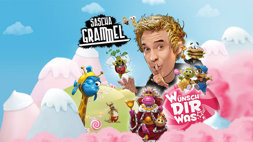 Eine Grafik zeigt das Gesicht von Sascha Grammel und seine Puppen im Comic-Stil und kündigt sein neues Programm "Wünsch dir was" an.