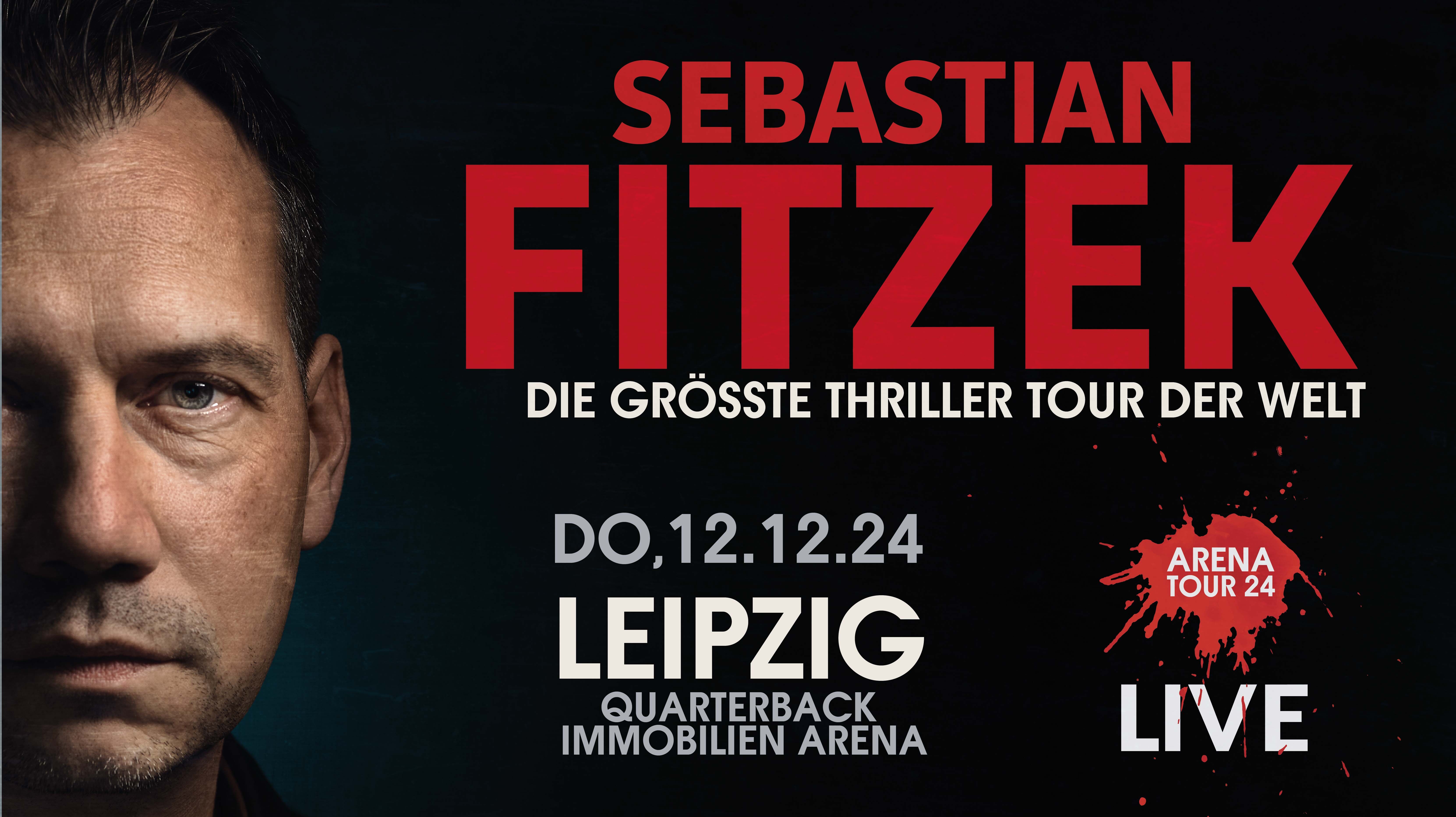 Es ist ein Teil des Gesichts von Sebastian Fitzek zu sehen und es wird seine Live Tour 2024 angekündigt.