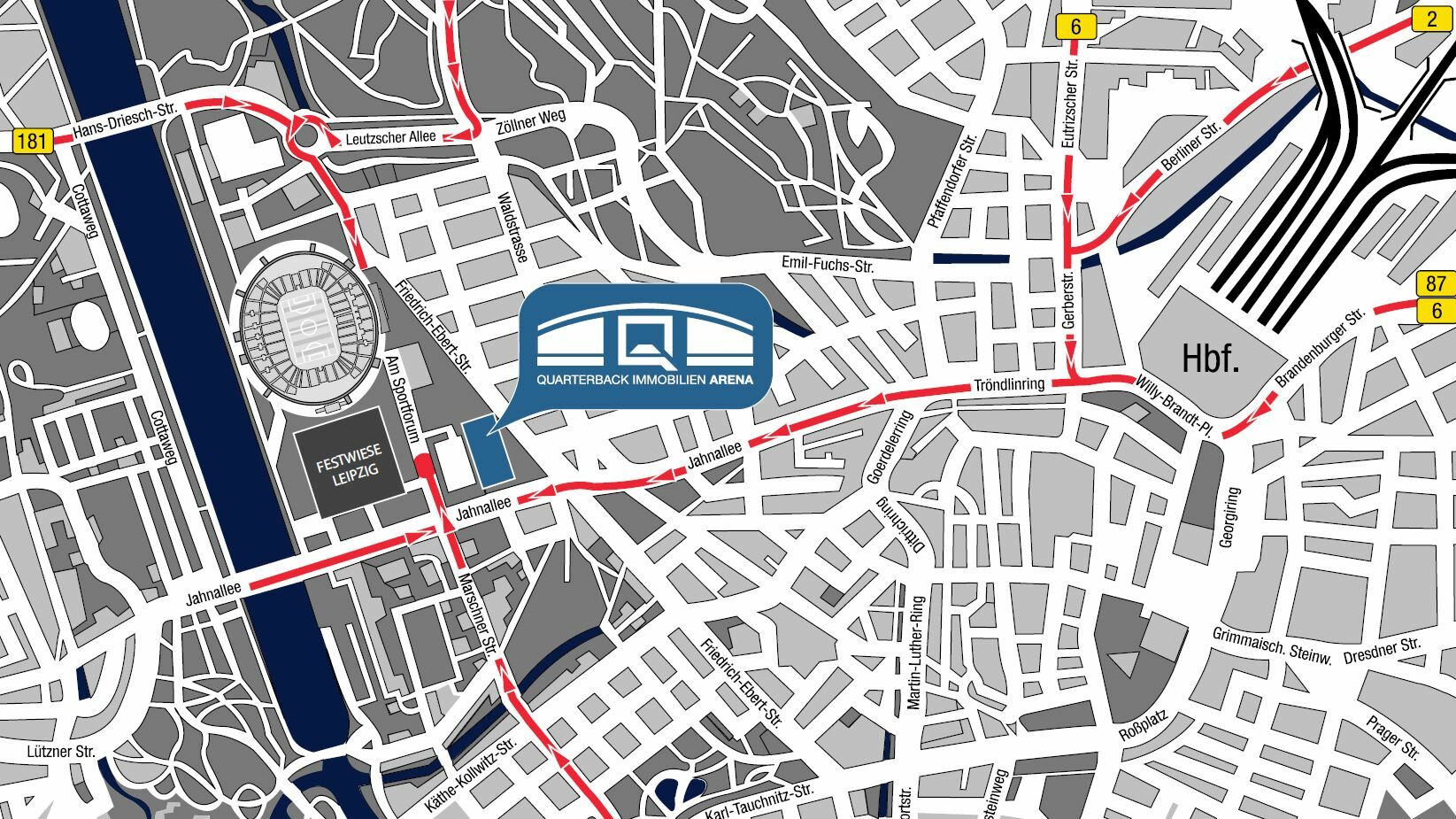 Stadtplan von Leipzig mit der QUARTERBACK Immobilien ARENA.