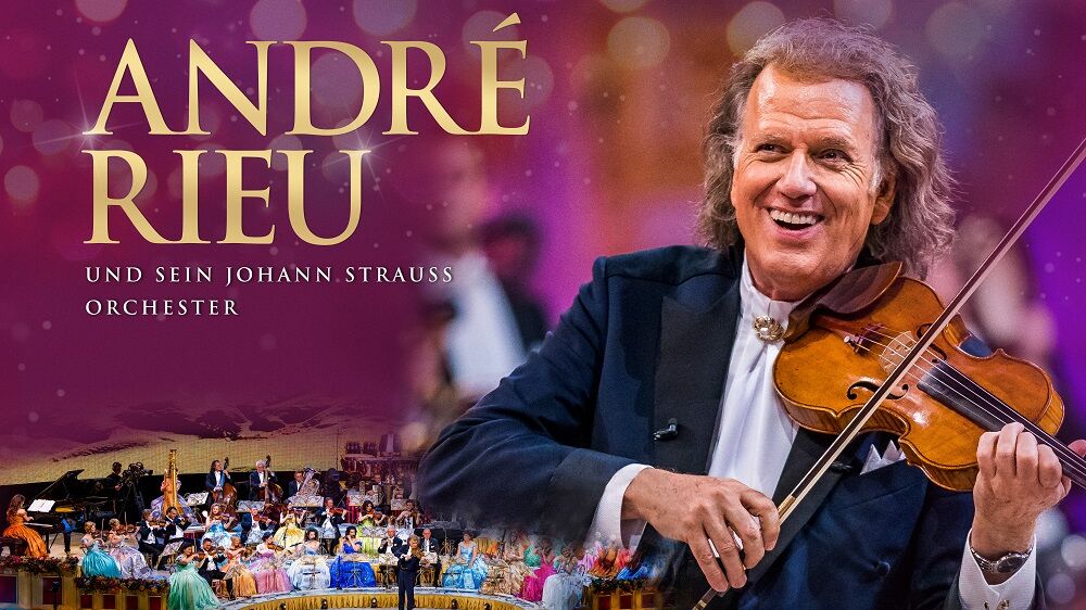Eine Grafik zeigt im Hintergrund ein Orchester und im Vordergrund André Rieu mit Violine.