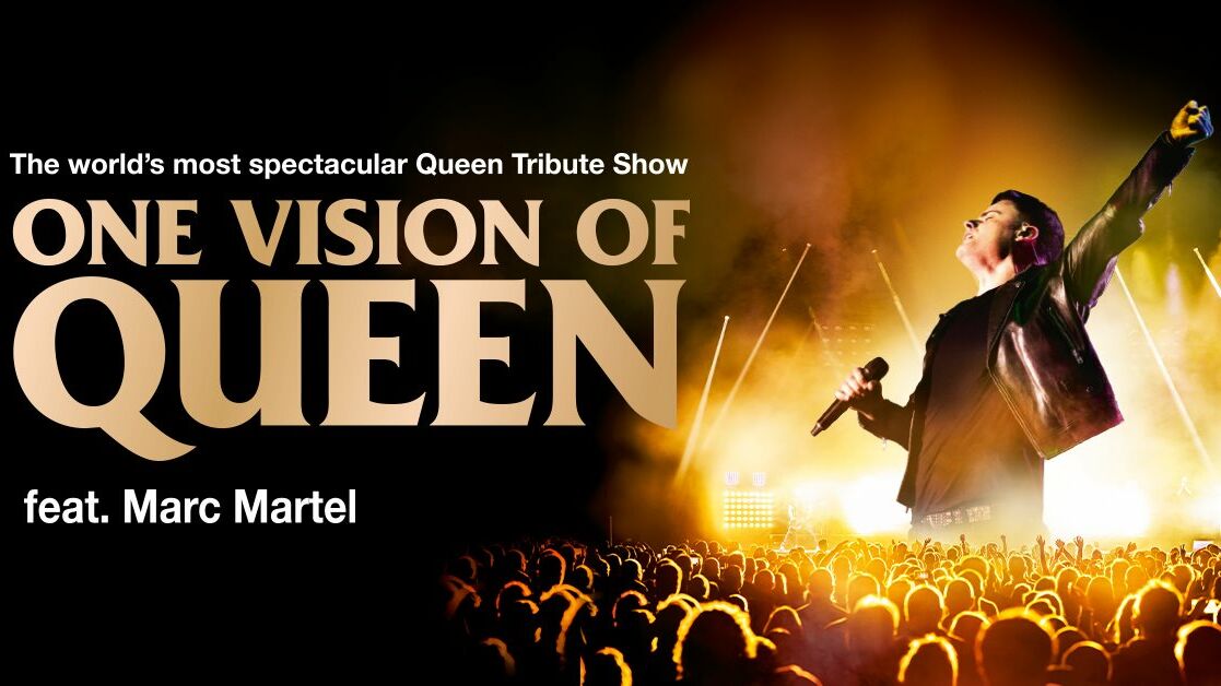 Grafik, die die One Vision of Queen Tour mit Marc Martel ankündigt.