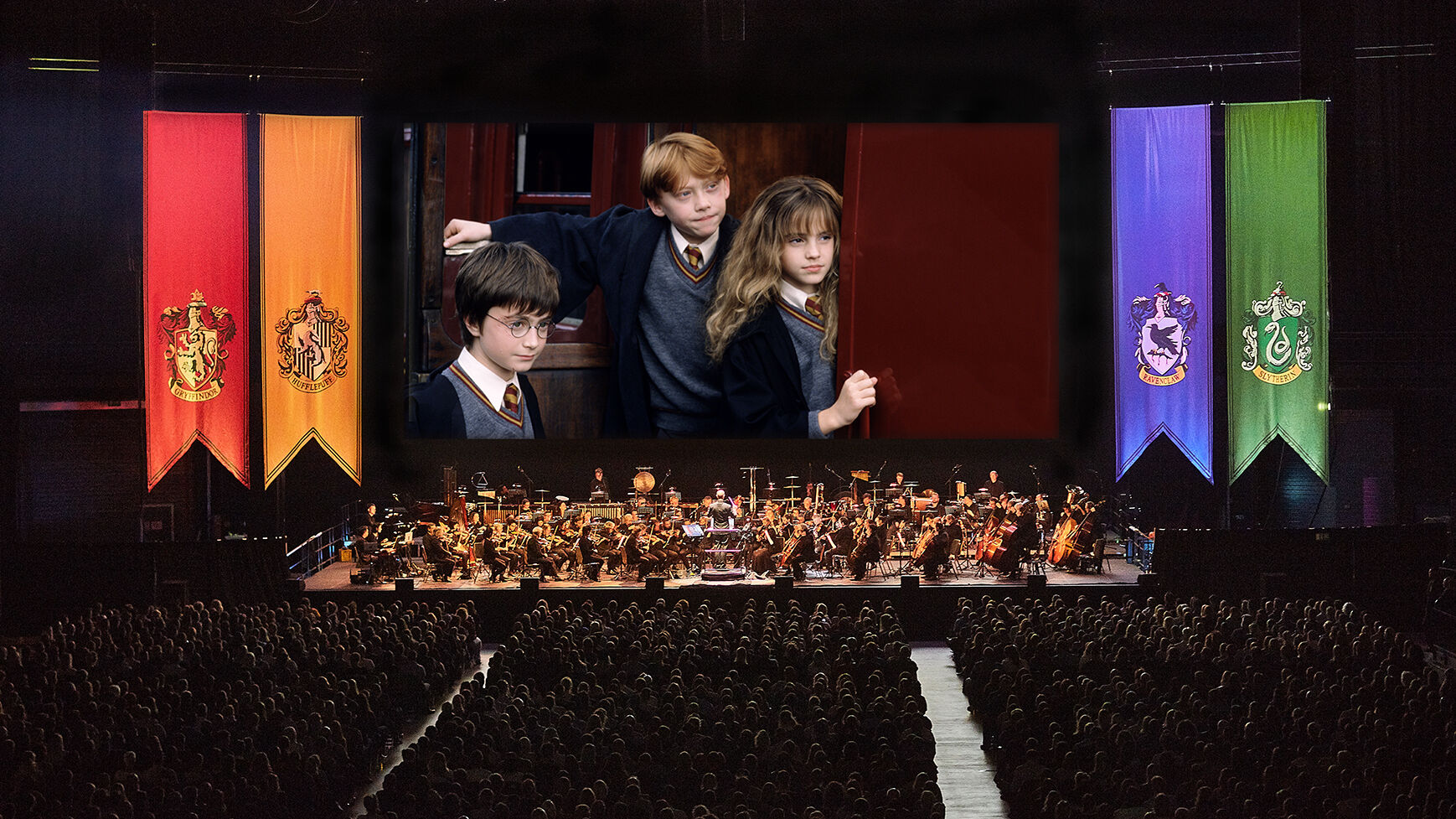 Ein Orchester spielt die Filmmusik zu "Harry Potter und der Stein der Weisen", während der Film auf einer großen Leinwand gezeigt wird.