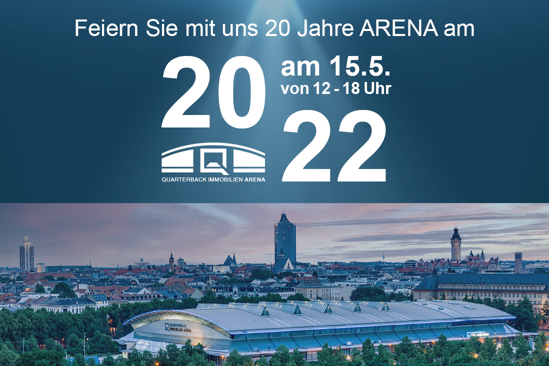 Blau-weiße Grafik des Jubiläums mit einem Luftbild der QUARTERBACK Immobilien ARENA. 